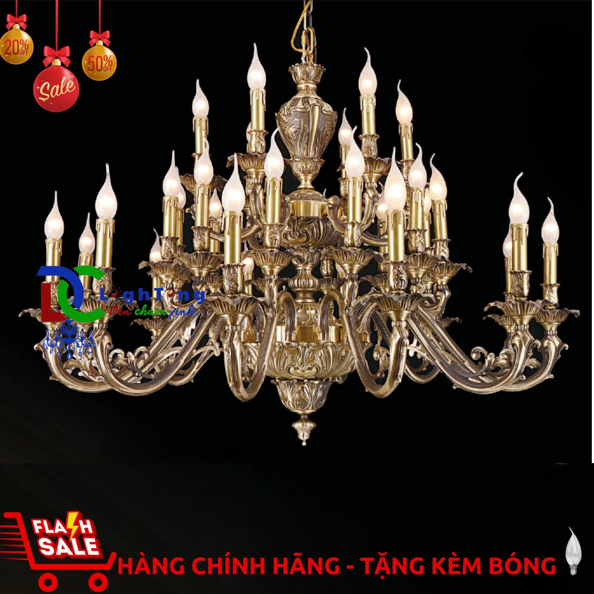 Đèn chùm đồng nến CĐ-2421/30 chính hãng trang trí bệnh viện, Tiệm vàng, Salon tóc...vvv