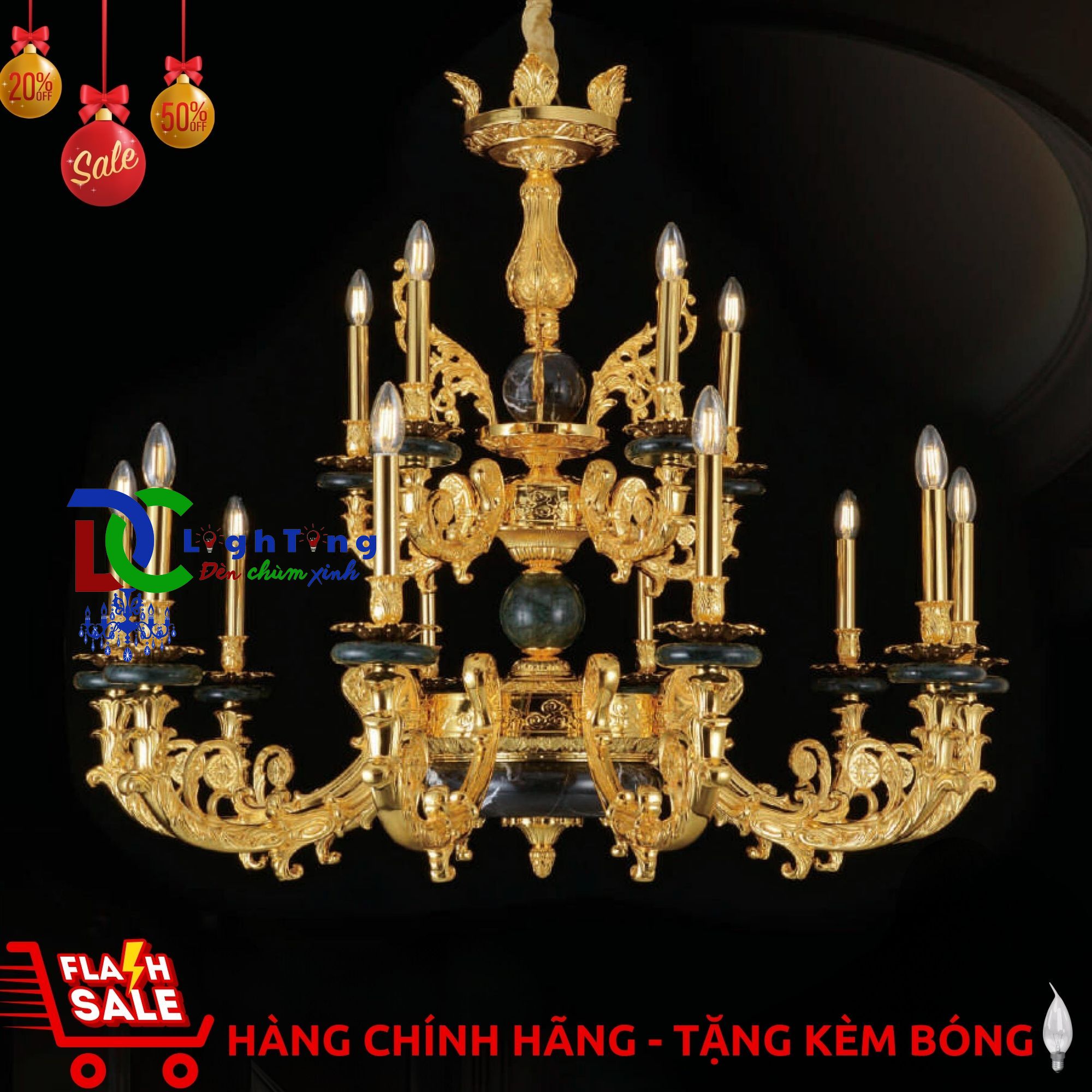 Đèn chùm đồng nến CĐ-6888/12+6 chính hãng trang trí biệt thự, nhà thờ, Khách sạn...vvv