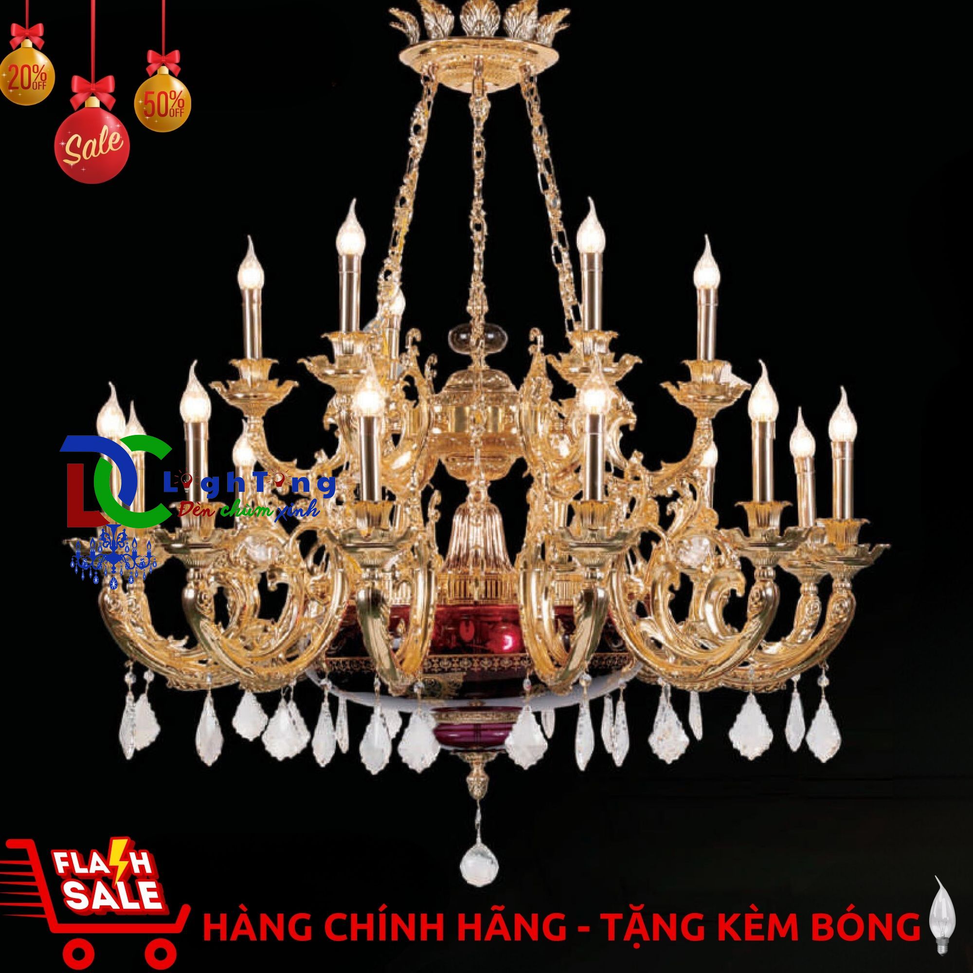 Đèn chùm đồng nến CĐ-8721/12+6 chính hãng trang trí phòng khách, nhà hàng, Studio...vvv