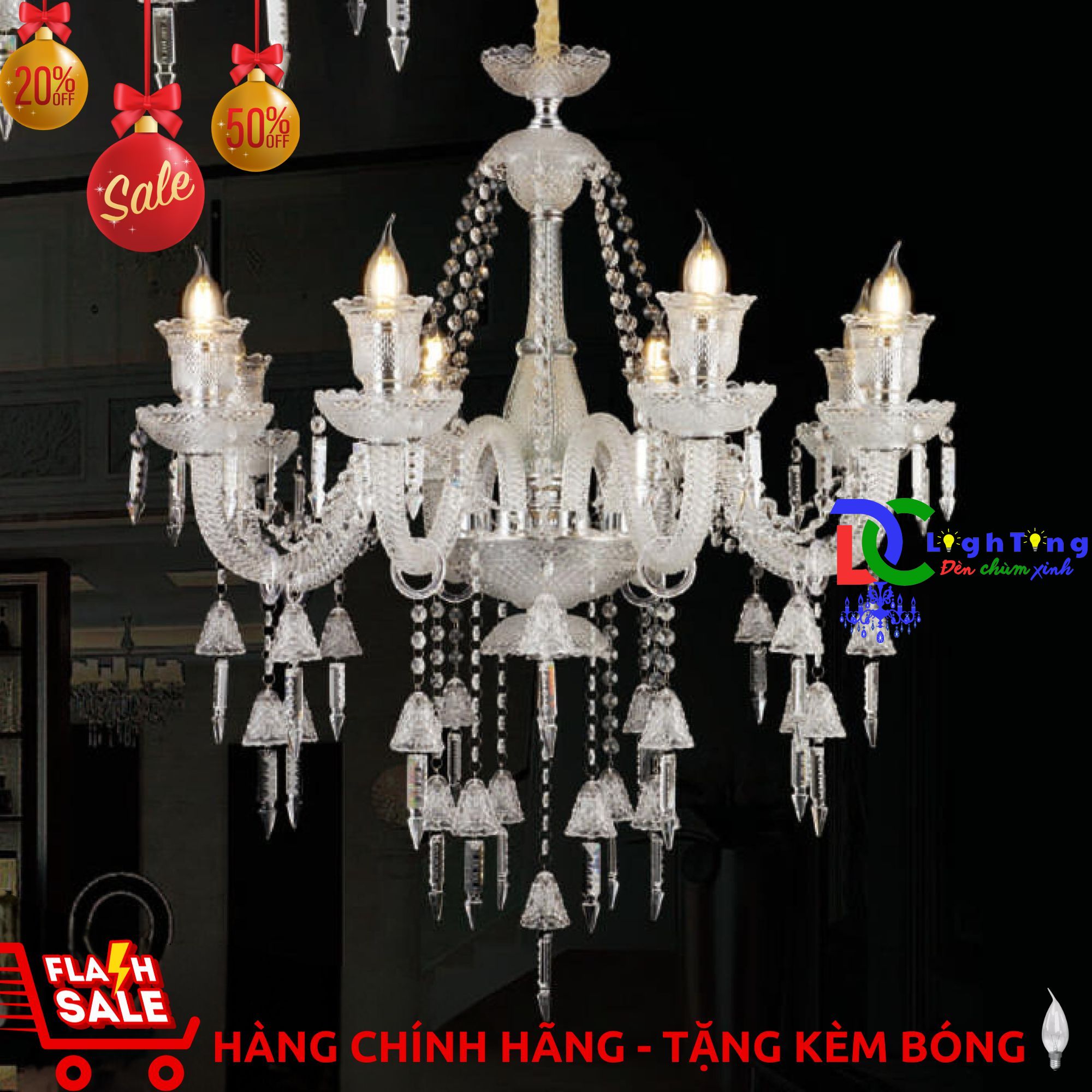 Đèn chùm pha lê nến CN-341/8 chính hãng trang trí bệnh viện, Văn phòng, Salon tóc...vvv