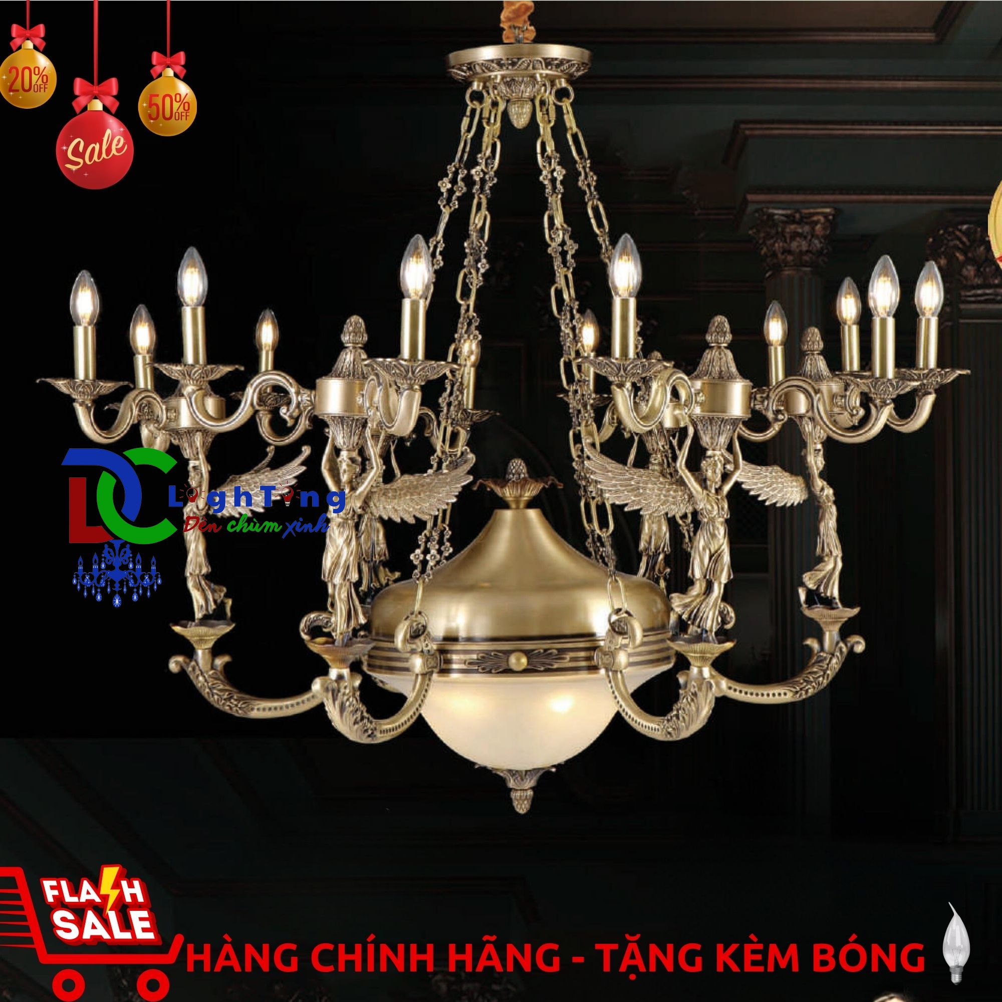 Đèn chùm đồng nến cổ điển CĐ-6086/12 chính hãng trang trí Shop thời trang, nhà hàng, phòng làm việc...vvv