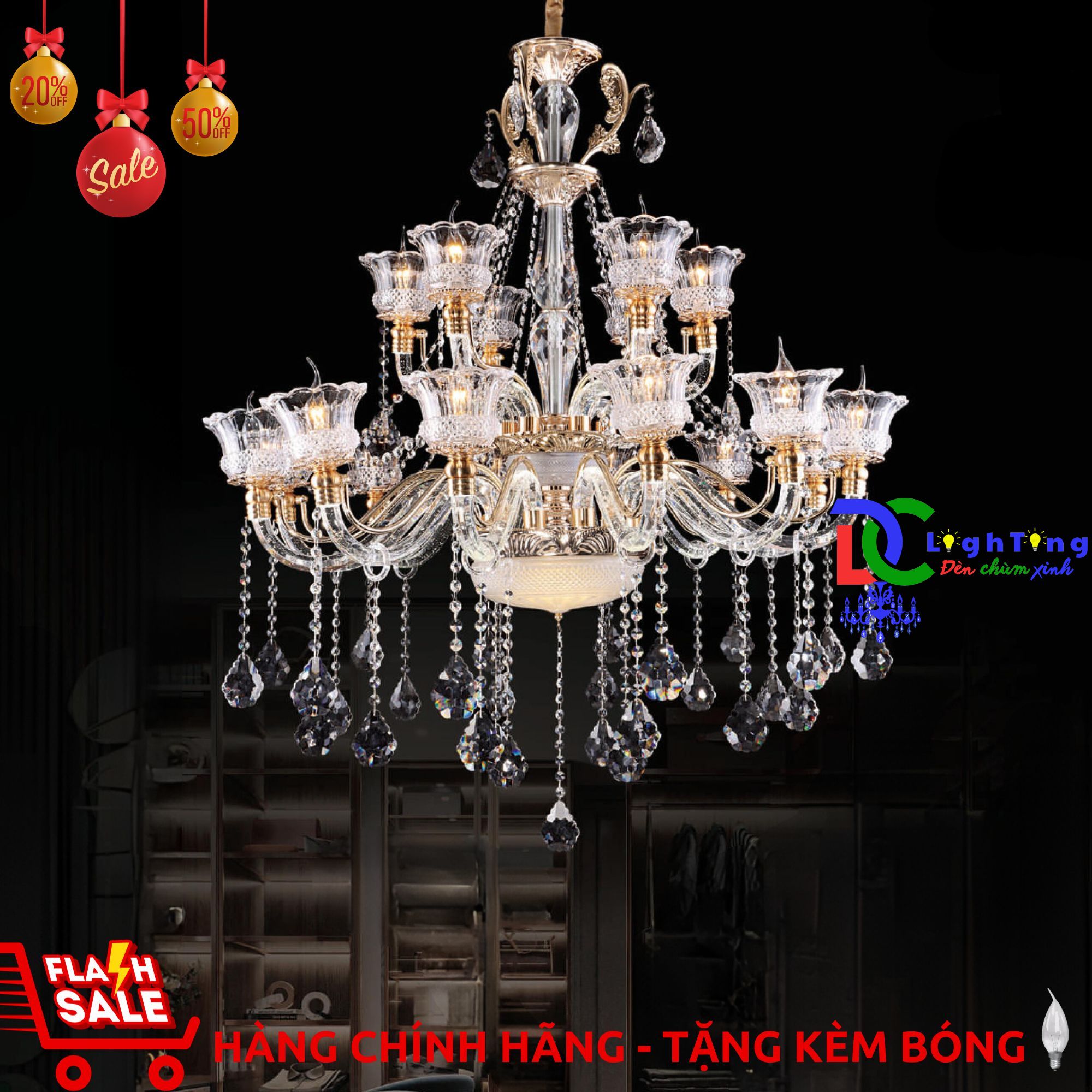 Đèn chùm pha lê CN-5066/12+6 chính hãng trang trí biệt thự, Studio, Shop thời trang...vvv